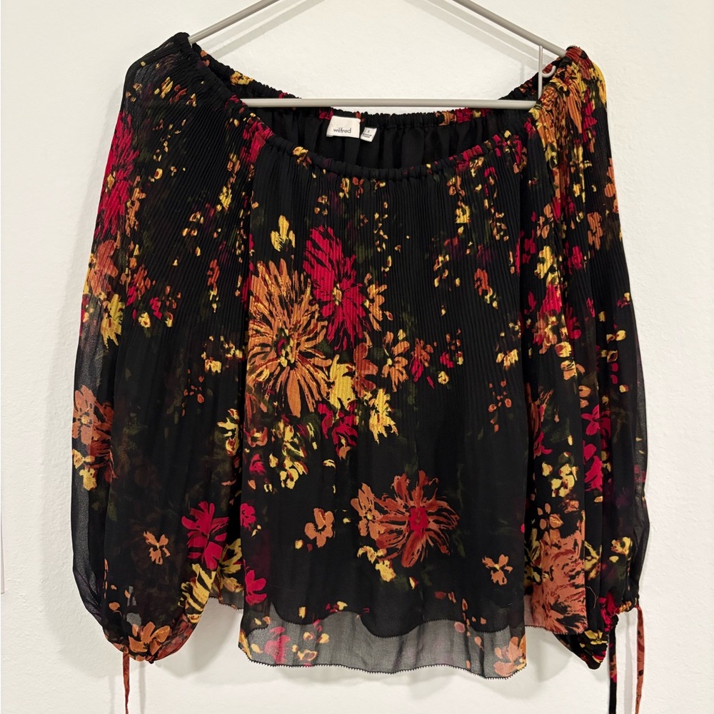 Wilfred Aritzia Talence Black Off-Shoulder Blouse with Red & Gold Floral Print